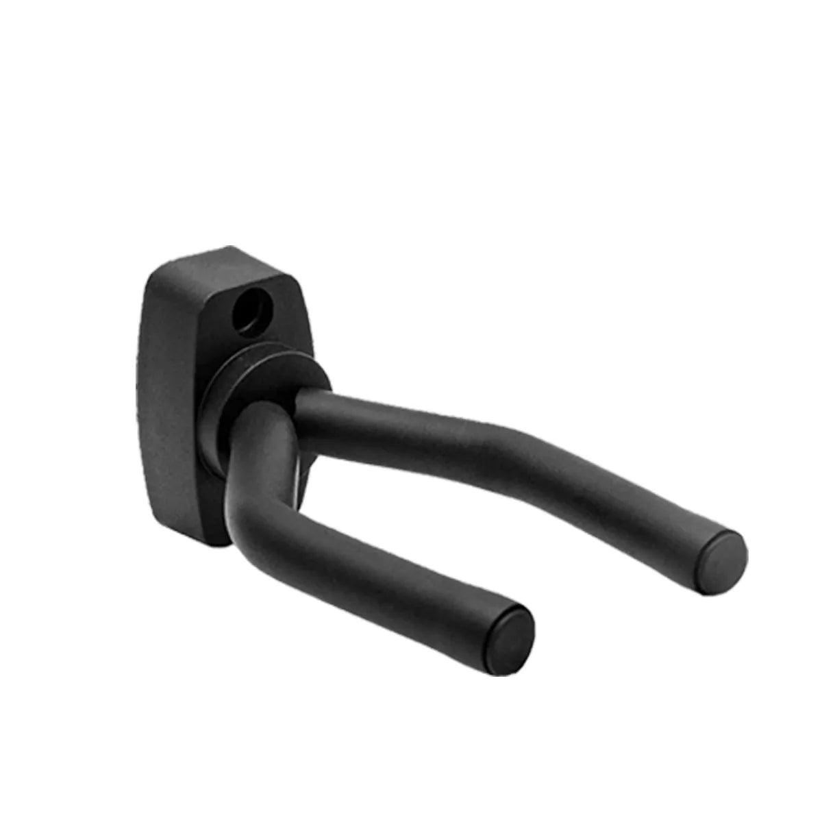 A black wall mount guitar hanger with a curved, non-slip holder.