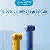 A blue electric marker spray gun is displayed next to a yellow one on a white stand.