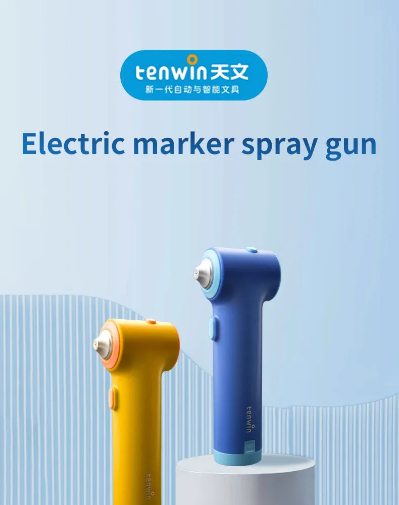 A blue electric marker spray gun is displayed next to a yellow one on a white stand.