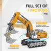 A yellow mini RC excavator is shown with its excavation arm and tracks, highlighting its full set of functions.