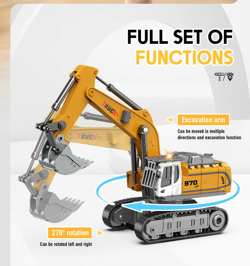 A yellow mini RC excavator is shown with its excavation arm and tracks, highlighting its full set of functions.