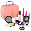 A pink kids pretend play makeup set with a storage box, mirror, and various cosmetic items.