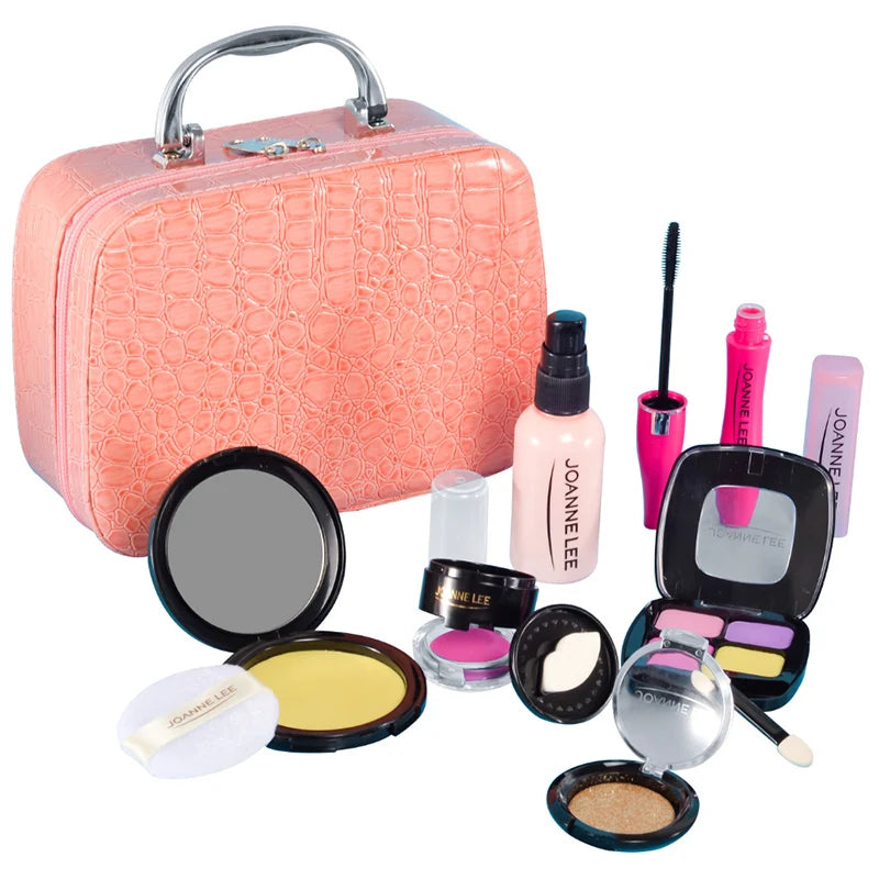 A pink kids pretend play makeup set with a storage box, mirror, and various cosmetic items.