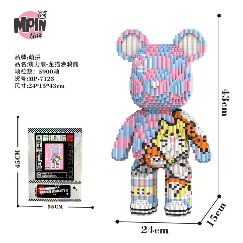 A colorful bear figure made of micro building blocks, featuring pink, blue, and white pieces.