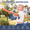 A young boy is playing with an orange water gun, demonstrating its features like strong water beam and rapid water filling.