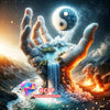 A hand opens to reveal a swirling yin-yang sphere with a waterfall and rocky landscape, featuring scenic animal and plant des