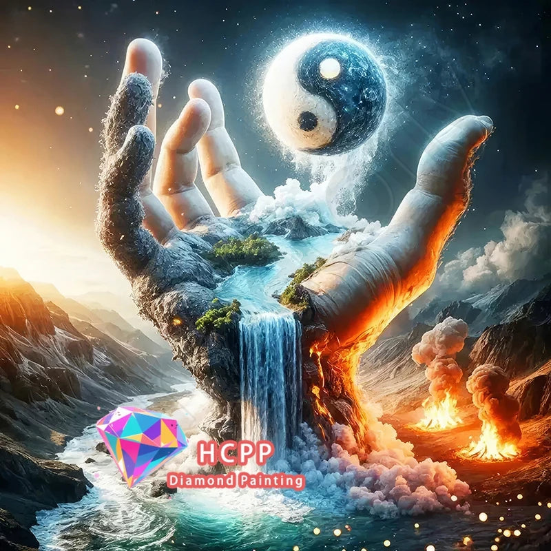 A hand opens to reveal a swirling yin-yang sphere with a waterfall and rocky landscape, featuring scenic animal and plant des