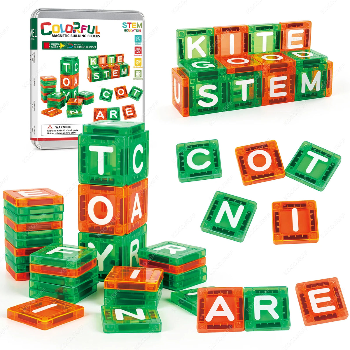 A set of magnetic building blocks shaped like uppercase letters spelling 'KITE GOOD STEM' and 'TOARE' in green, orange, and r