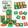 A set of magnetic building blocks shaped like uppercase letters spelling 'KITE GOOD STEM' and 'TOARE' in green, orange, and r