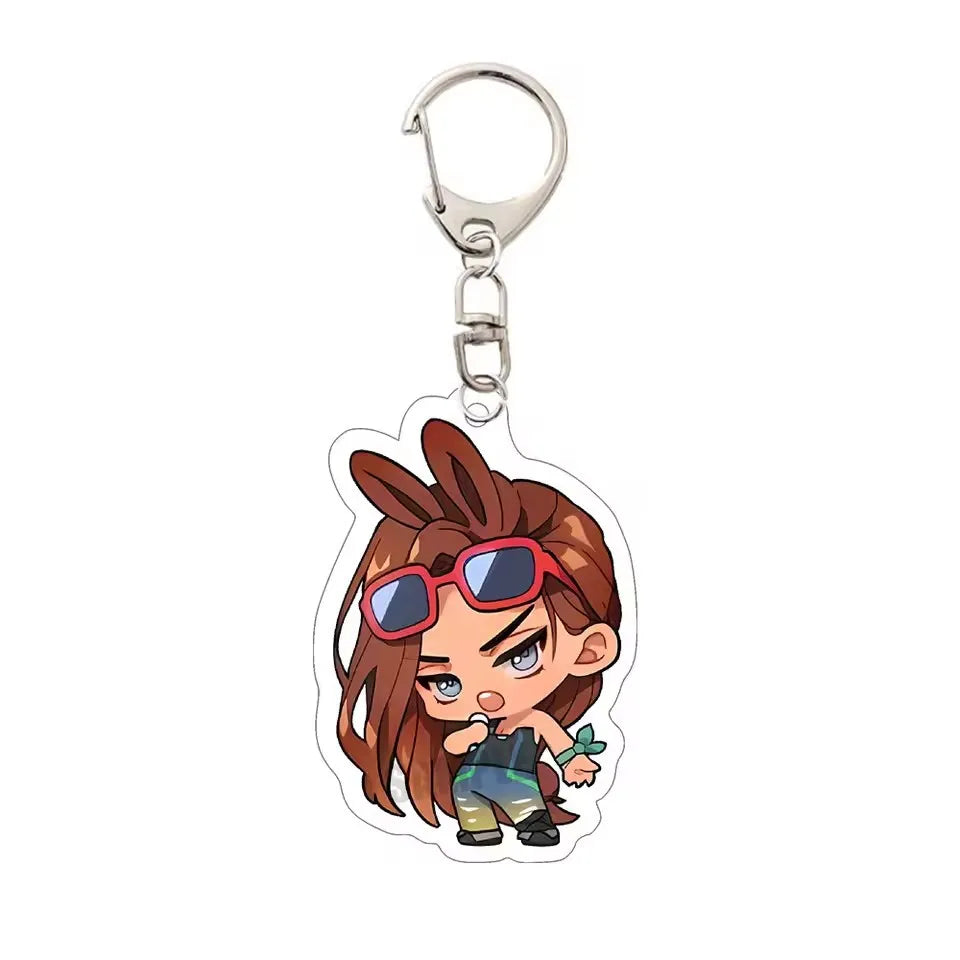 Acrylic keychain featuring an anime character with brown hair and red sunglasses