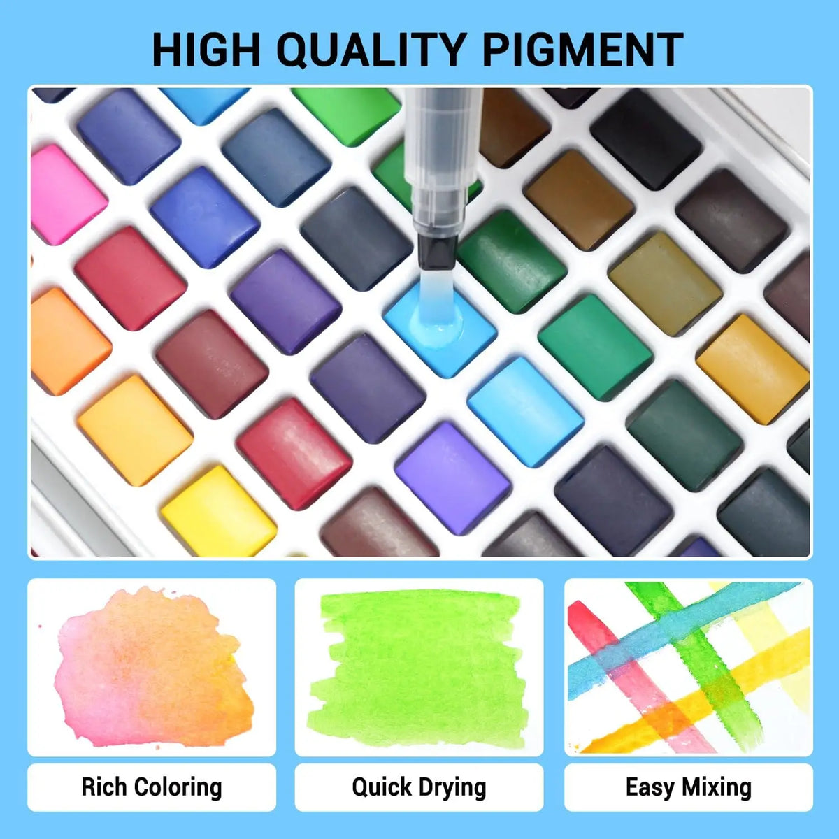 A collection of high quality pigment watercolor paints in various shades displayed in a white tray.
