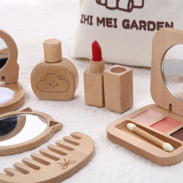 A collection of wooden makeup tools and a mirror set for kids pretend play