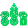 A set of six transparent green polyhedral dice used for role-playing games
