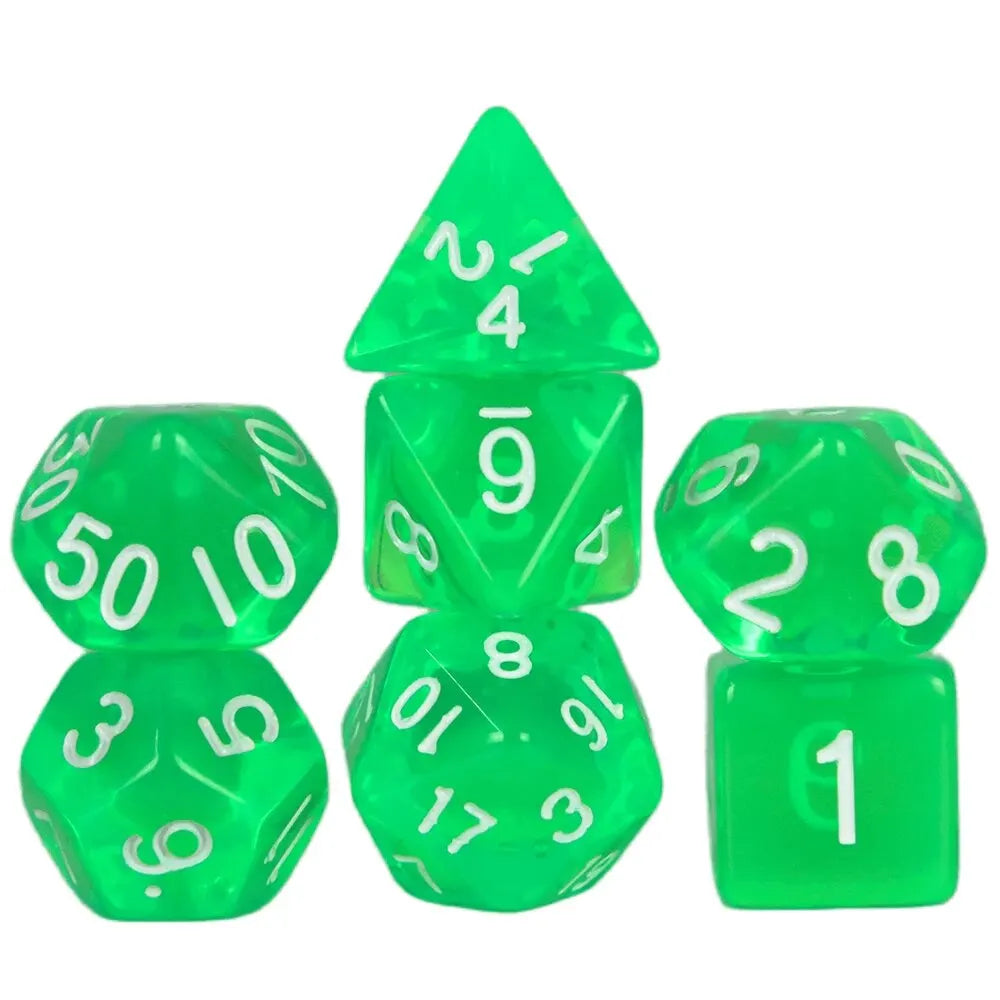 A set of six transparent green polyhedral dice used for role-playing games