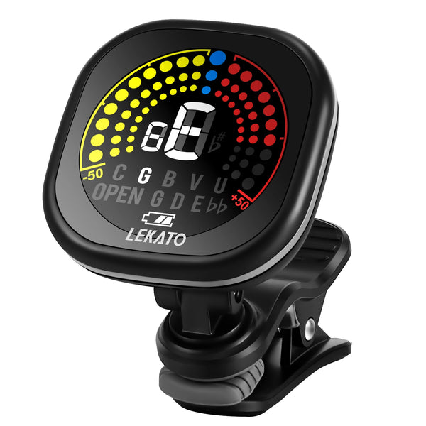 A black clip-on guitar tuner with a chromatic display showing tuning information.