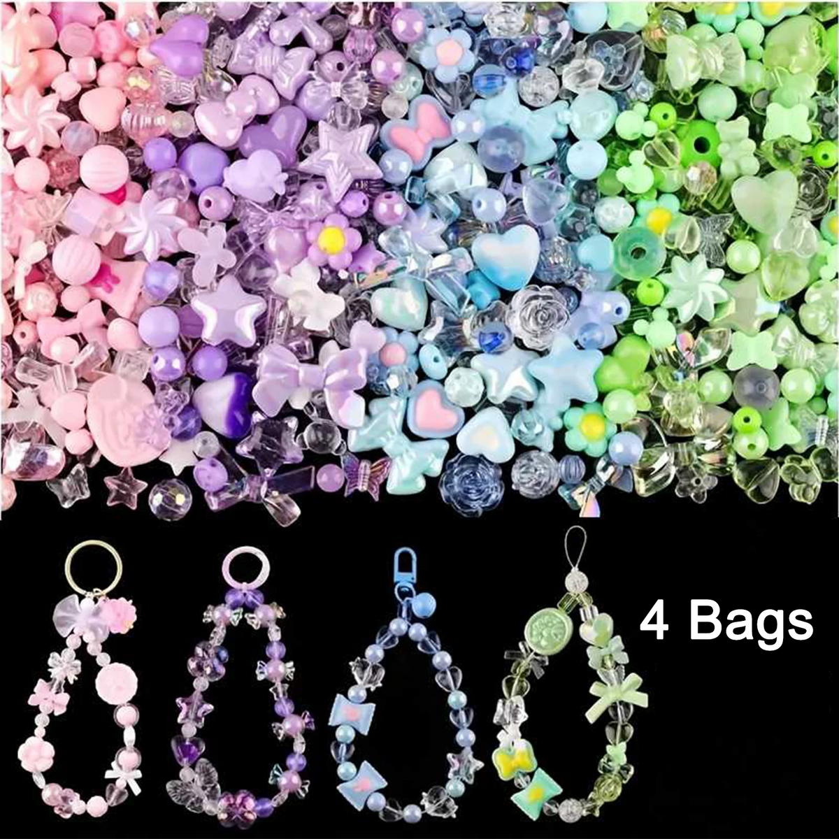 A collection of colorful acrylic beads in various shapes and sizes, including pinks, purples, blues, and greens, displayed al