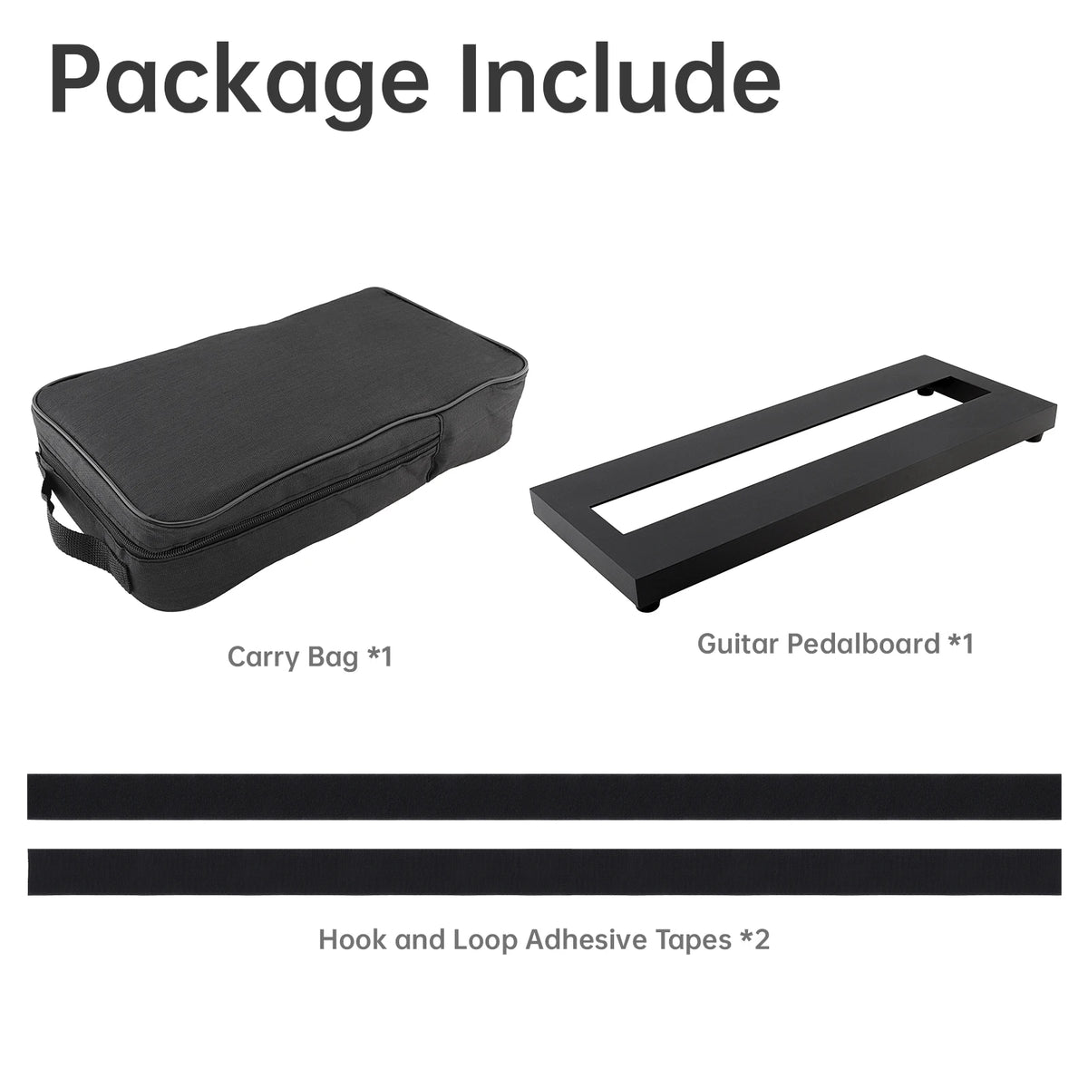 A set of guitar pedalboard accessories including a black carry bag, a guitar pedalboard, and two hook and loop adhesive tapes