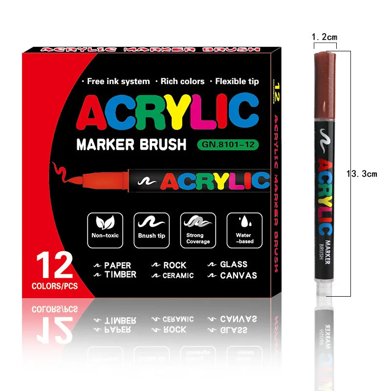 A set of acrylic marker brushes with flexible tips for various art mediums like rock, stone, and ceramic.