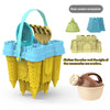 A yellow castle sand play set with a bucket and scoop, surrounded by three random accessories.