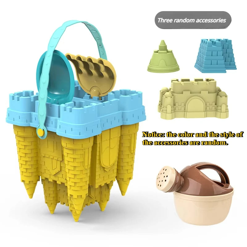 A yellow castle sand play set with a bucket and scoop, surrounded by three random accessories.