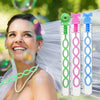 Three colorful bubble wands in green, pink, and blue with a 5-hole design displayed next to a smiling woman.