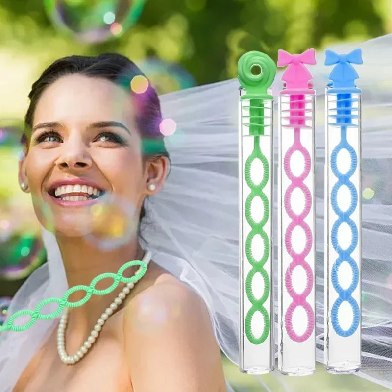 Three colorful bubble wands in green, pink, and blue with a 5-hole design displayed next to a smiling woman.