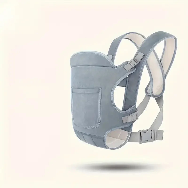 A light gray all-season multi-position baby carrier sling with a fabric pouch and adjustable straps.