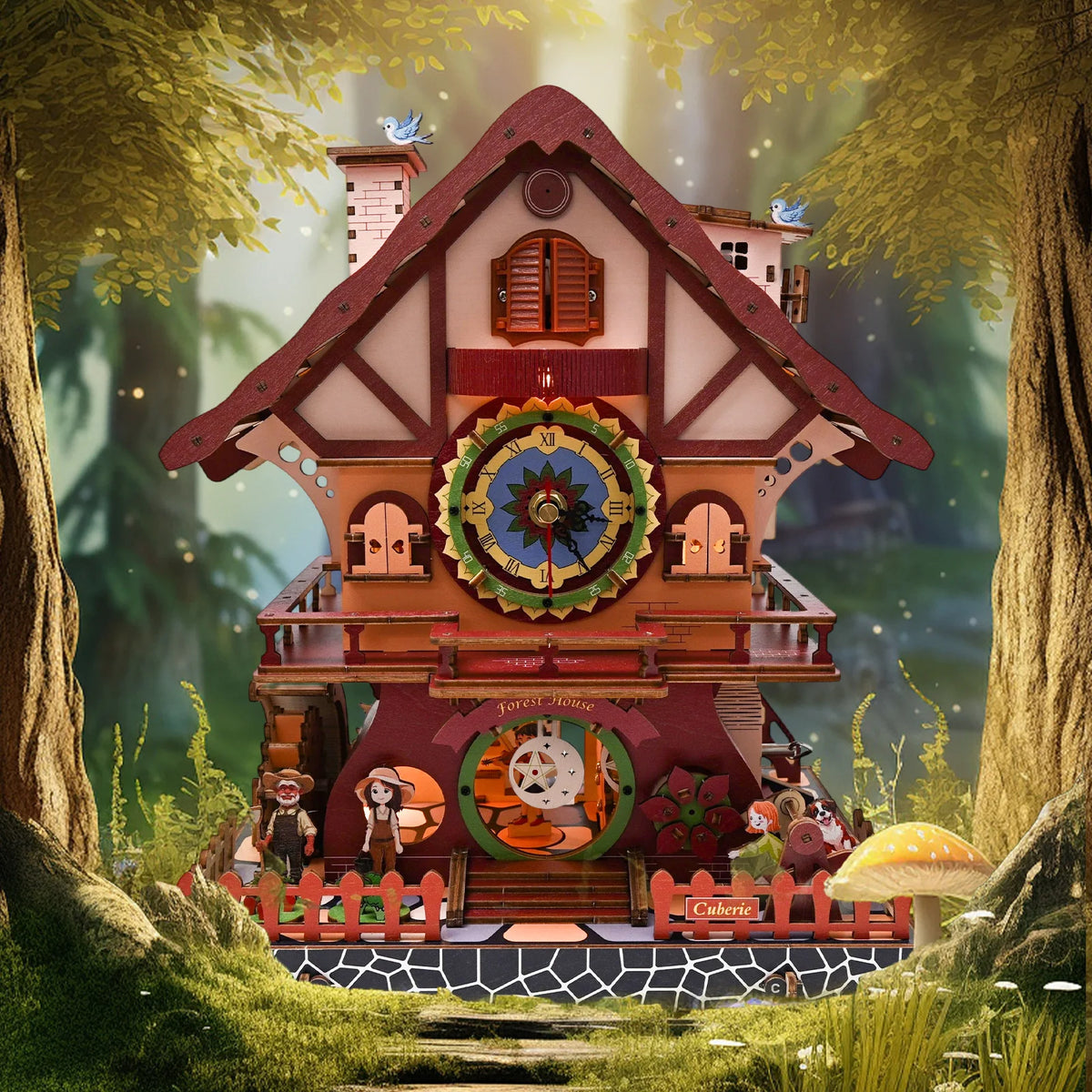 A detailed wooden cuckoo clock puzzle kit featuring a house design and surrounding nature elements.