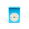 A small, light blue portable mini MP3 player with a circular control dial on the front.