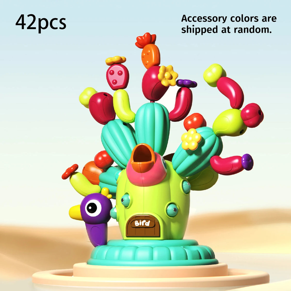 A colorful cactus building block toy featuring various shaped pieces and accessories on a stand.