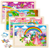 A set of four wooden jigsaw puzzles featuring unicorn princesses, rainbows, and colorful fantasy scenes for toddlers.