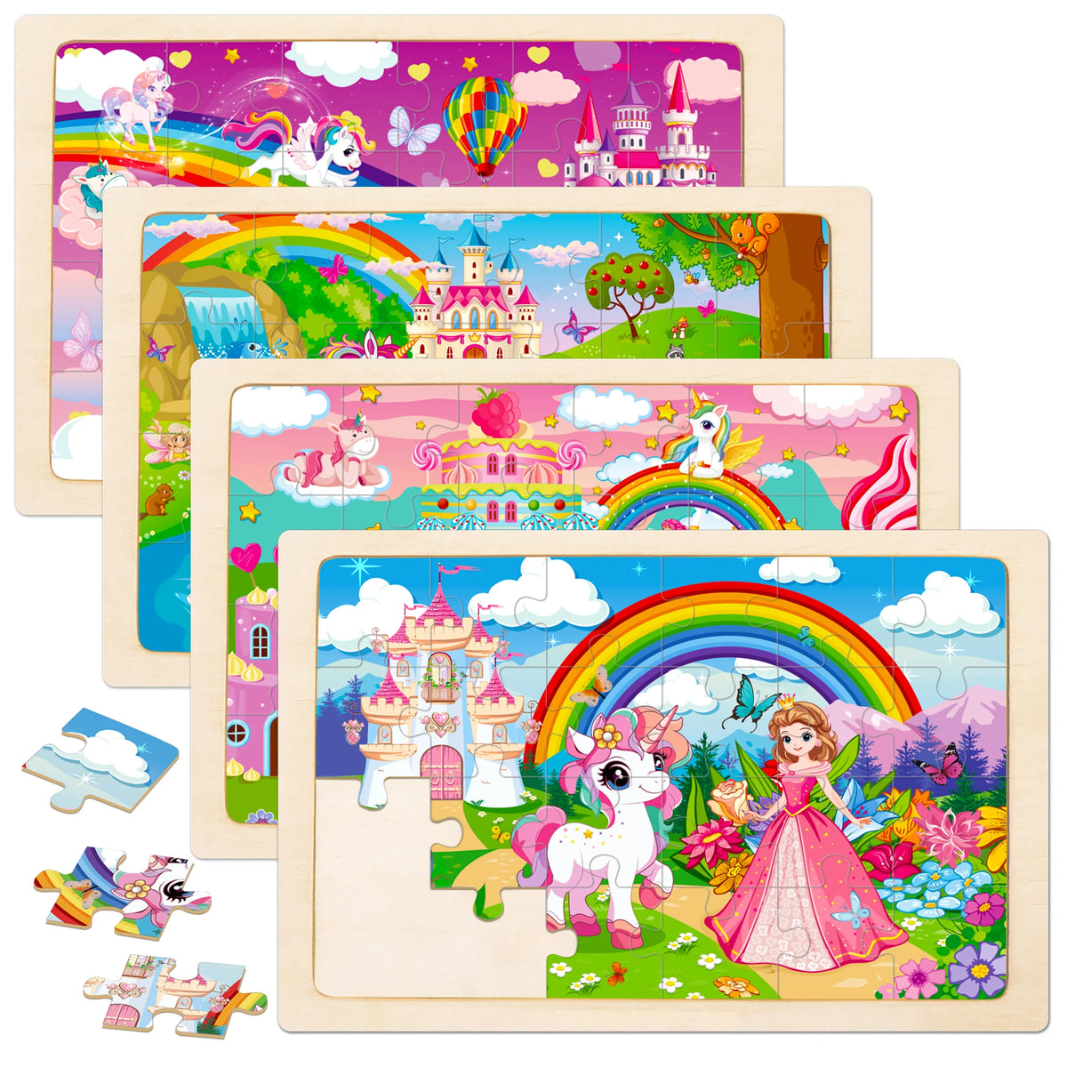 A set of four wooden jigsaw puzzles featuring unicorn princesses, rainbows, and colorful fantasy scenes for toddlers.
