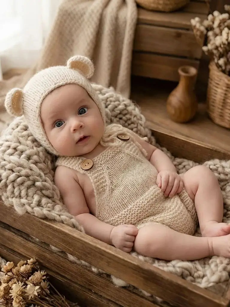 Hand-Knitted Newborn Romper and Hat Set for Photo Sessions