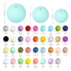 A collection of round, soft silicone beads in various colors and sizes, including marble, snow, red, pink, yellow, green, blu