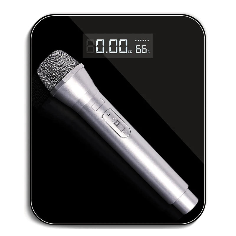 A silver microphone with a digital display showing 0.00 kg and 66 g, set against a black background.