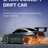 A dark gray RC drift car is shown speeding across a surface, with bright orange light emanating from the wheels.