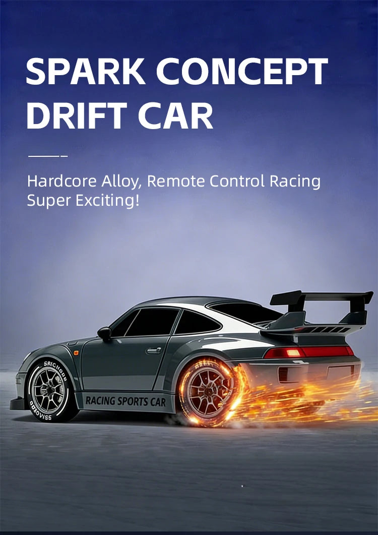 A dark gray RC drift car is shown speeding across a surface, with bright orange light emanating from the wheels.