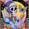 A diamond painting featuring a skull woman with butterfly wings and elaborate floral details against a dark background.