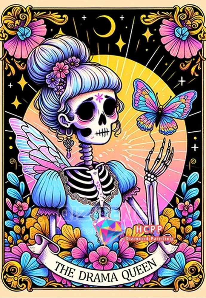 A diamond painting featuring a skull woman with butterfly wings and elaborate floral details against a dark background.