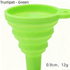 A bright green trumpet-shaped silicone funnel with a 0.9cm height and 12g weight.