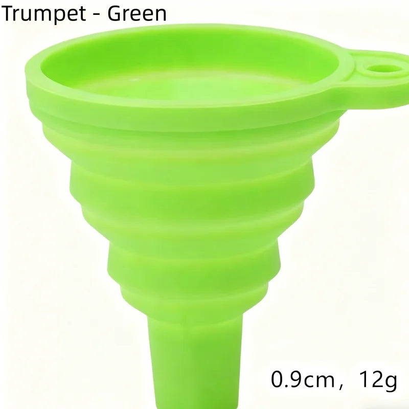 A bright green trumpet-shaped silicone funnel with a 0.9cm height and 12g weight.