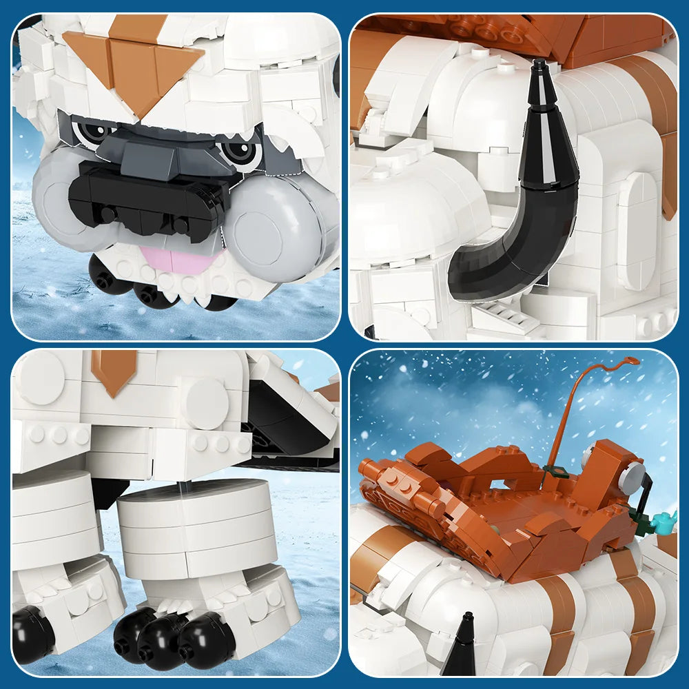 Close-up shots of a white and black flying bison model built from LEGO bricks.