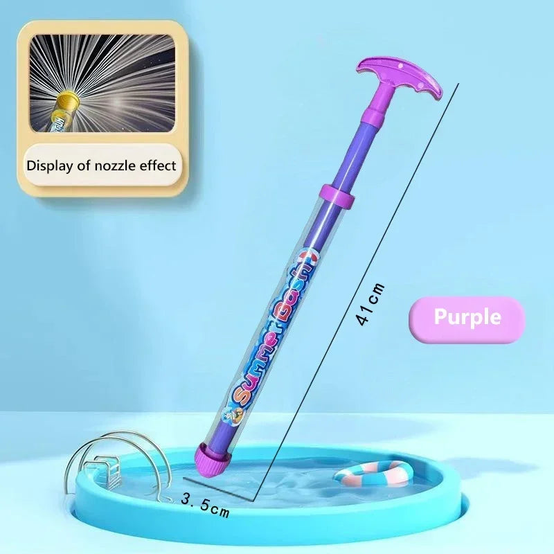 Purple water blaster toy gun with a nozzle effect display being used in a small pool.