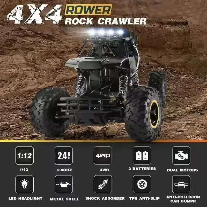 A black 4x4 rower rock crawler model featuring LED headlights and various off-road accessories.