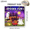 A colorful coloring book cover featuring spooky Halloween characters like ghosts and cats on a purple background.