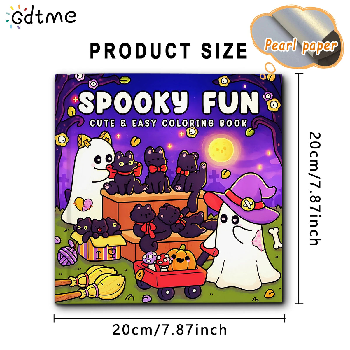 A colorful coloring book cover featuring spooky Halloween characters like ghosts and cats on a purple background.