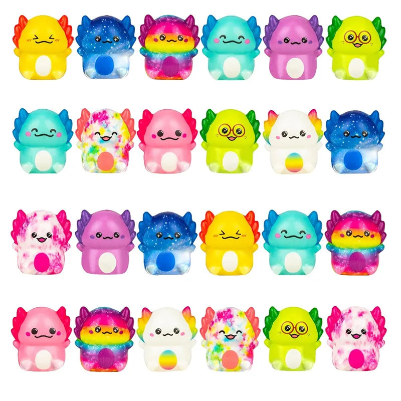 A collection of colorful squishy donut fidget stress relief keychains in various pastel and vibrant colors.
