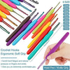 A variety of crochet hooks in different sizes and colors are displayed, emphasizing an ergonomic soft grip for comfortable us