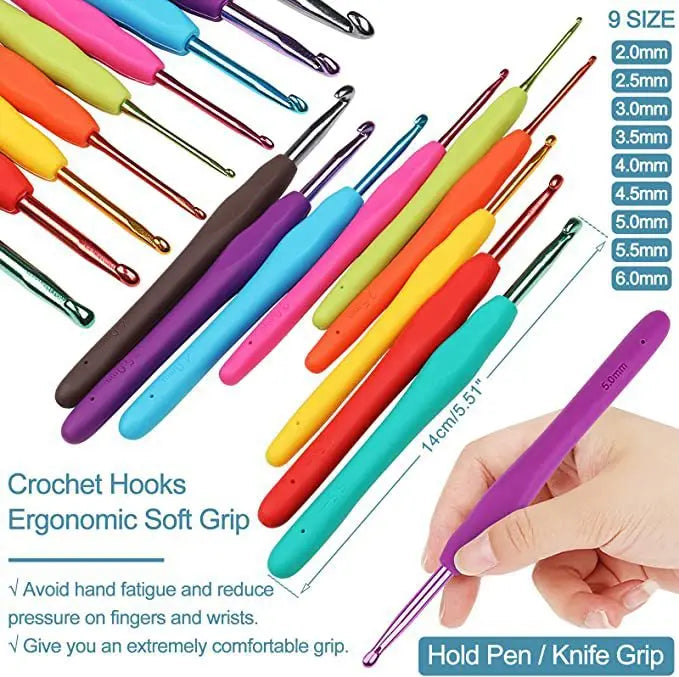 A variety of crochet hooks in different sizes and colors are displayed, emphasizing an ergonomic soft grip for comfortable us