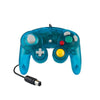 A blue wired game controller for the Nintendo GameCube console.